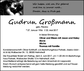 Traueranzeige von Gudrun Großmann von Helmstedter Nachrichten