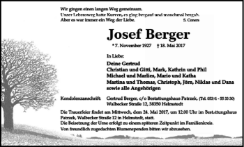 Traueranzeige von Josef Berger von Helmstedter Nachrichten