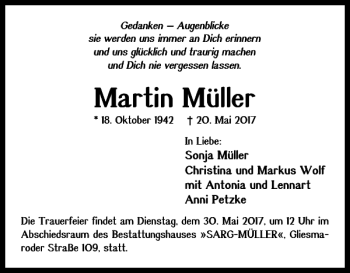 Traueranzeige von Martin Müller von Braunschweiger Zeitung