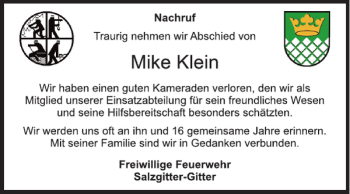 Traueranzeige von Mike Klein von Salzgitter Zeitung