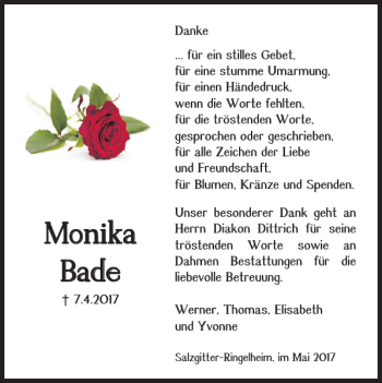 Traueranzeige von Monika Bade von Salzgitter Zeitung