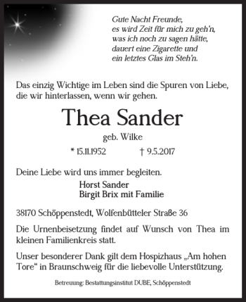 Traueranzeige von Thea Sander von Wolfenbütteler Zeitung