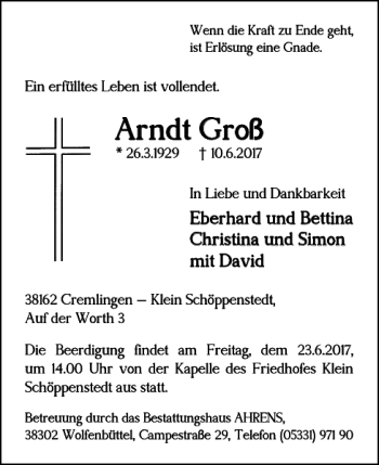 Traueranzeige von Arndt Groß von Wolfenbütteler Zeitung