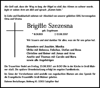 Traueranzeige von Brigitte Szezesna von Salzgitter Zeitung