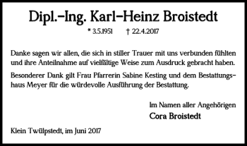 Traueranzeige von Dipl.-Ing. Karl-Heinz Broistedt von Helmstedter Nachrichten