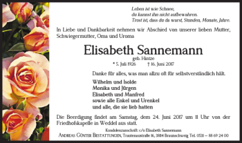 Traueranzeige von Elisabeth Sannemann von Braunschweiger Zeitung