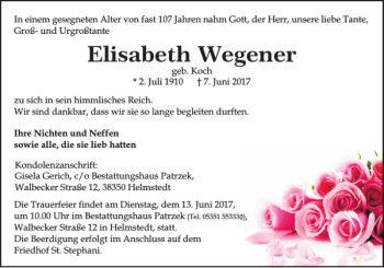 Traueranzeige von Elisabeth Wegener von Helmstedter Nachrichten