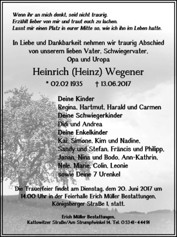 Traueranzeige von Heinrich Heinz Wegener von Salzgitter Zeitung