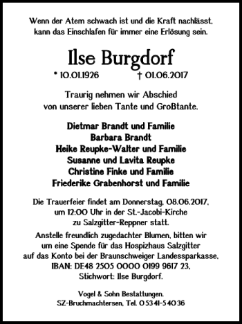 Traueranzeige von Ilse Burgdorf von Salzgitter Zeitung