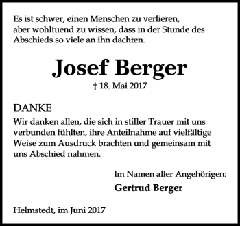 Traueranzeige von Josef Berger von Helmstedter Nachrichten