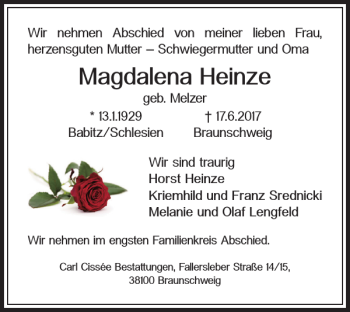 Traueranzeige von Magdalena Heinze von Braunschweiger Zeitung