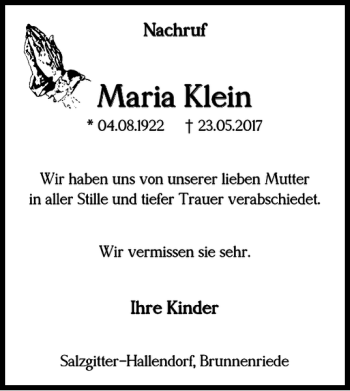 Traueranzeige von Maria Klein von Salzgitter Zeitung