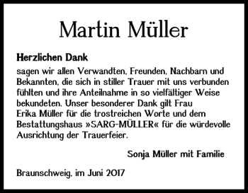 Traueranzeige von Martin Müller von Braunschweiger Zeitung