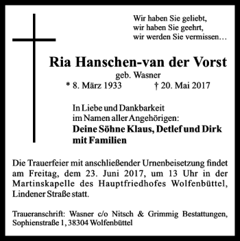 Traueranzeige von Ria Hanschen-van der Vorst von Braunschweiger Zeitung