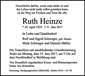 Traueranzeige von Ruth Heinze von Wolfsburger Nachrichten