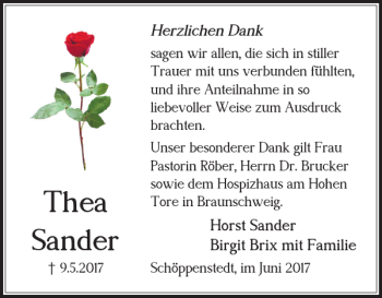 Traueranzeige von Thea Sander von Wolfenbütteler Zeitung