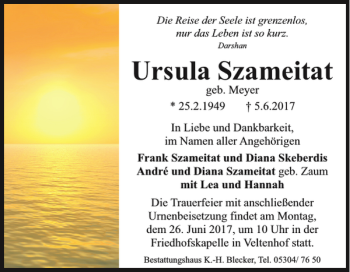 Traueranzeige von Ursula Szameitat von Braunschweiger Zeitung