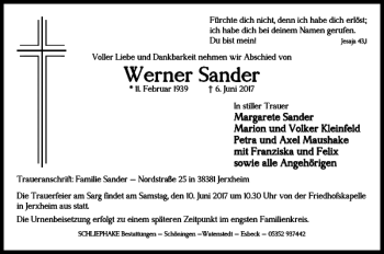 Traueranzeige von Werner Sander von Helmstedter Nachrichten