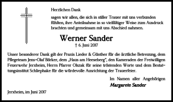 Traueranzeige von Werner Sander von Helmstedter Nachrichten