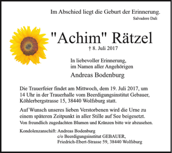 Traueranzeige von Achim Rätzel von Wolfsburger Nachrichten