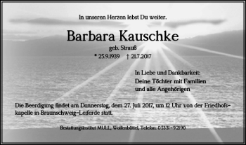 Traueranzeige von Barbara Kauschke von Braunschweiger Zeitung