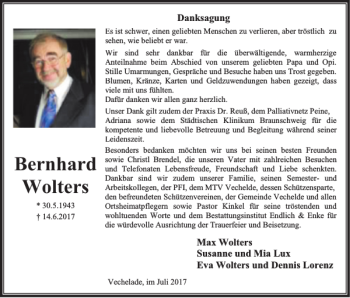 Traueranzeige von Bernhard Wolters von Peiner Nachrichten