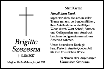 Traueranzeige von Brigitte Szezesna von Salzgitter Zeitung