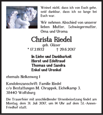 Traueranzeige von Christa Riedel von Wolfsburger Nachrichten