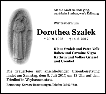 Traueranzeige von Dorothea Szalek von Wolfsburger Nachrichten