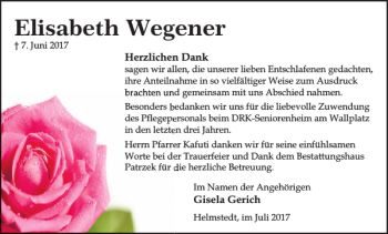 Traueranzeige von Elisabeth Wegener von Helmstedter Nachrichten