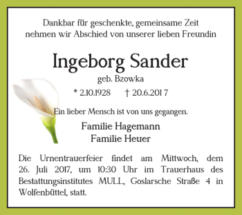 Traueranzeige von Ingeborg Sander von Wolfenbütteler Zeitung