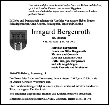 Traueranzeige von Irmgard Bergenroth von Wolfsburger Nachrichten