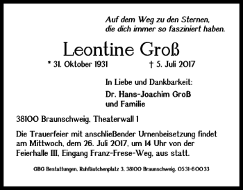 Traueranzeige von Leontine Groß von Braunschweiger Zeitung