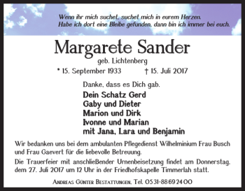 Traueranzeige von Margarete Sander von Braunschweiger Zeitung