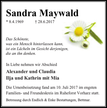 Traueranzeige von Sandra Maywald von Braunschweiger Zeitung