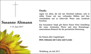 Traueranzeige von Susanne Altmann von Wolfsburger Nachrichten