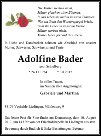 Traueranzeige von Adolfine Bader von Peiner Nachrichten