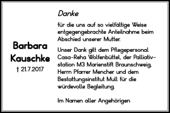 Traueranzeige von Barbara Kauschke von Braunschweiger Zeitung