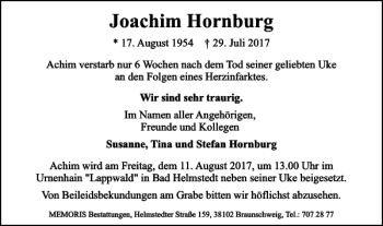 Traueranzeige von Joachim Hornburg von Braunschweiger Zeitung