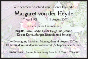 Traueranzeige von Margaret von der Heyde von Braunschweiger Zeitung