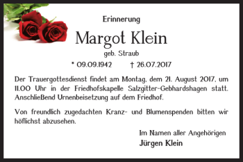 Traueranzeige von Margot Klein von Salzgitter Zeitung