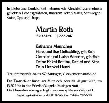 Traueranzeige von Martin Roth von Salzgitter Zeitung