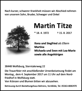 Traueranzeige von Martin Titze von Wolfsburger Nachrichten