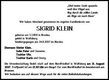 Traueranzeige von SIGRID KLEIN von Wolfsburger Nachrichten