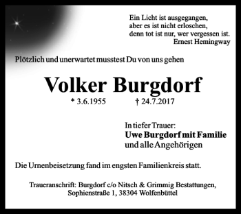 Traueranzeige von Volker Burgdorf von Wolfenbütteler Zeitung