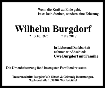 Traueranzeige von Wilhelm Burgdorf von Wolfenbütteler Zeitung