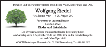 Traueranzeige von Wolfgang Riedel von Salzgitter Zeitung