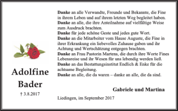 Traueranzeige von Adolfine Bader von Peiner Nachrichten