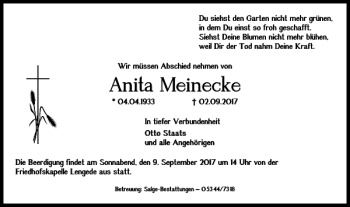 Traueranzeige von Anita Meinecke von Peiner Nachrichten