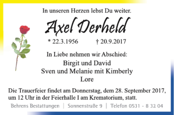 Traueranzeige von Axel Derheld von Braunschweiger Zeitung